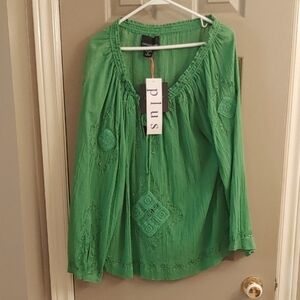 NWT Green Cotton Bohemian Embroidered Tunic 1X